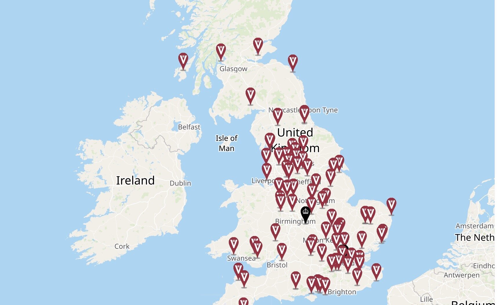 Map of UK with locations of events