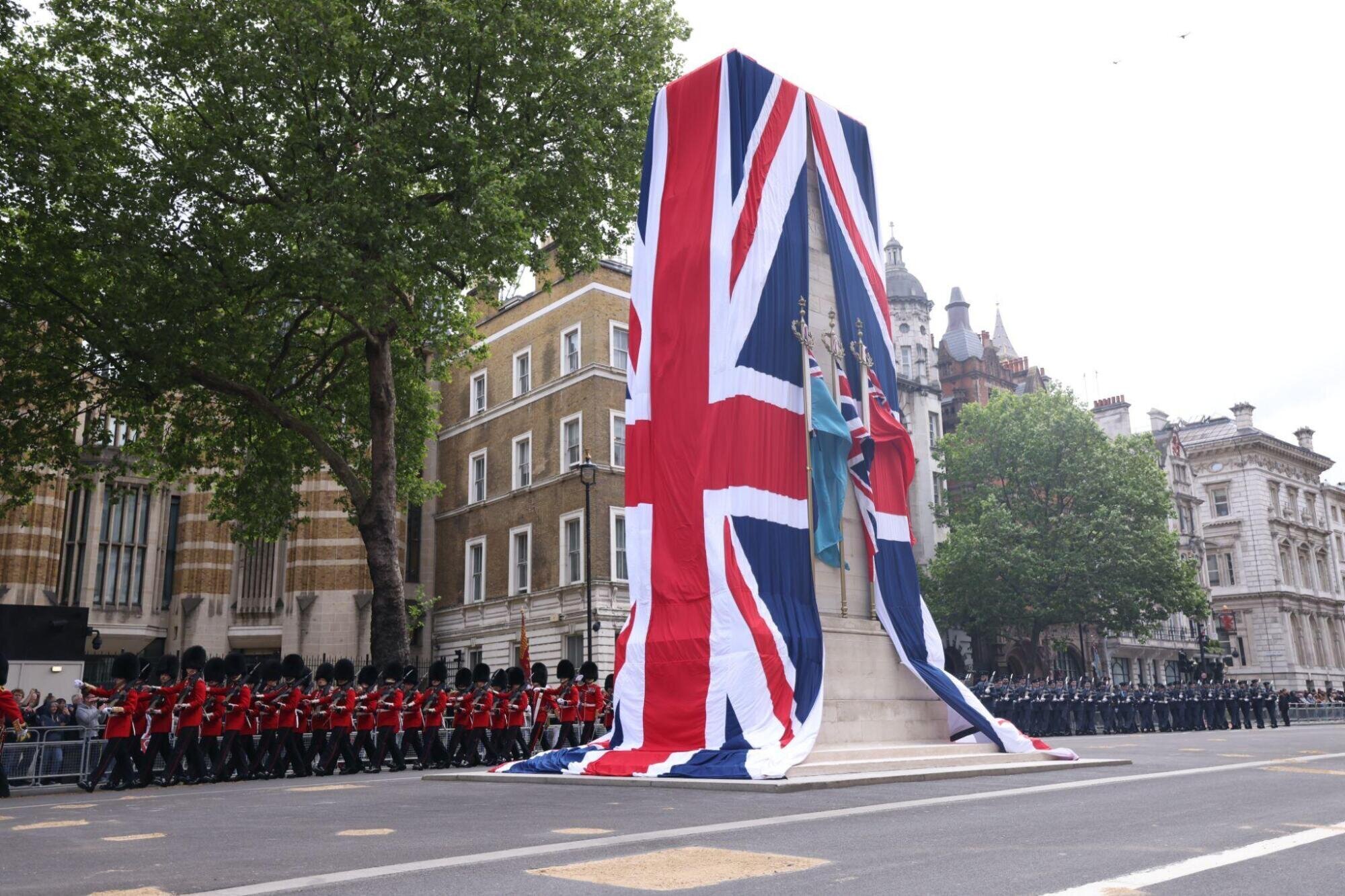 The Cenotaph on London’s Whitehall draped in the Union Flag. 