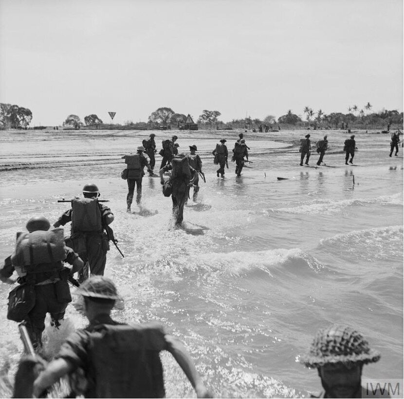The first wave of assault troops land on Ramree Island, Burma, 1943