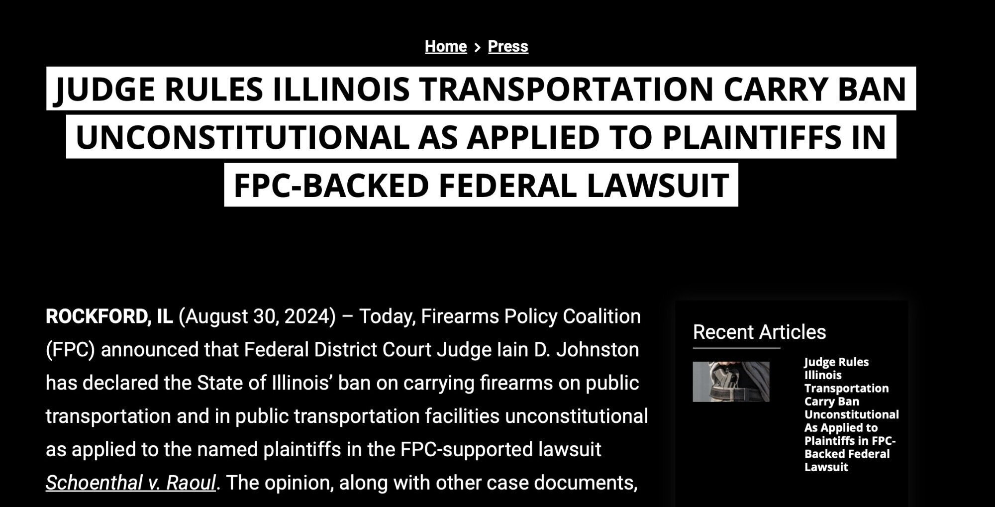 Judge Rules Illinois Transportation Carry Ban Unconstitutional As Applied to Plaintiffs in FPC-Backed Federal Lawsuit