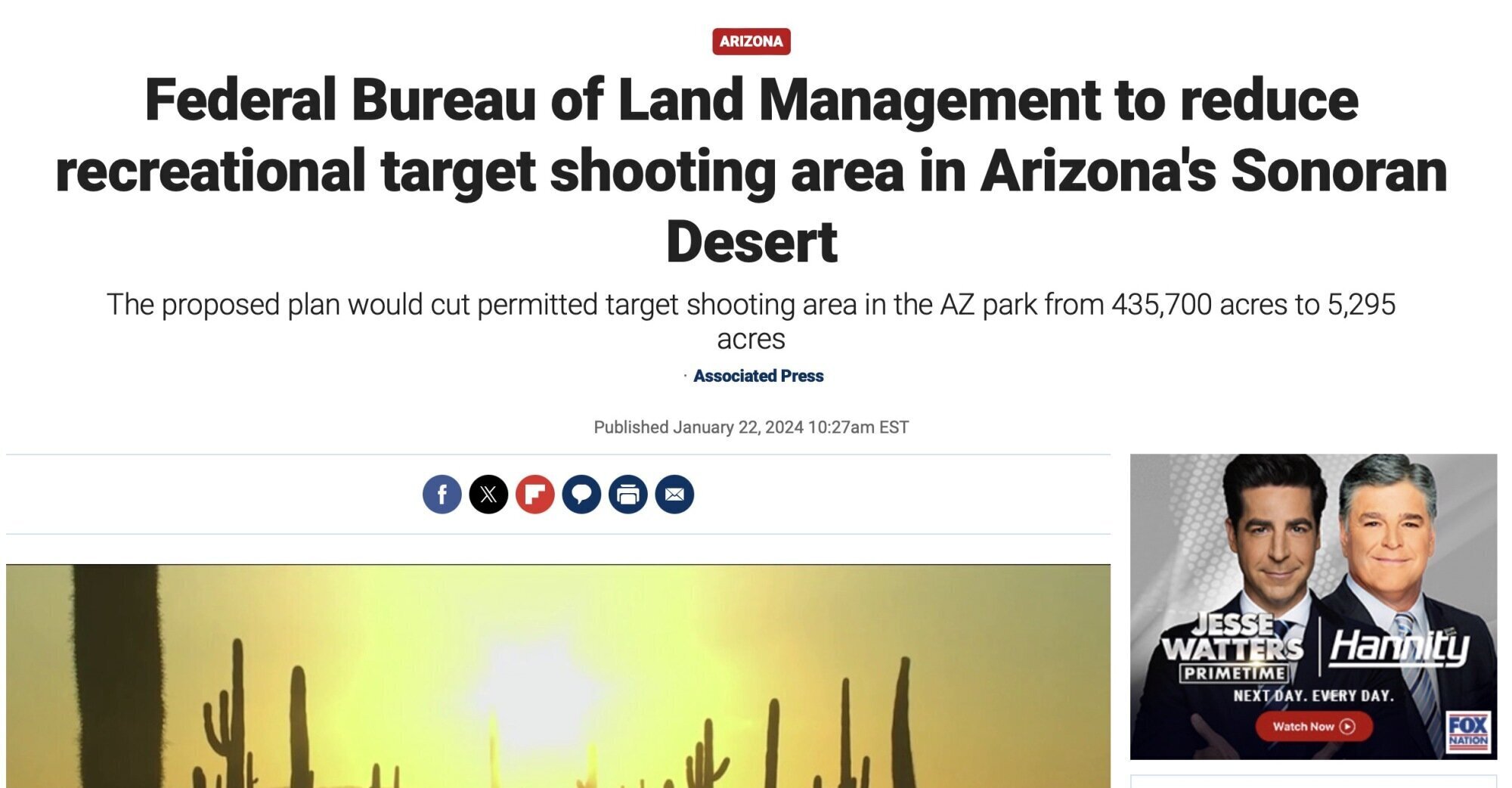 Federal Bureau of Land Management to reduce recreational target shooting area in Arizona's Sonoran Desert