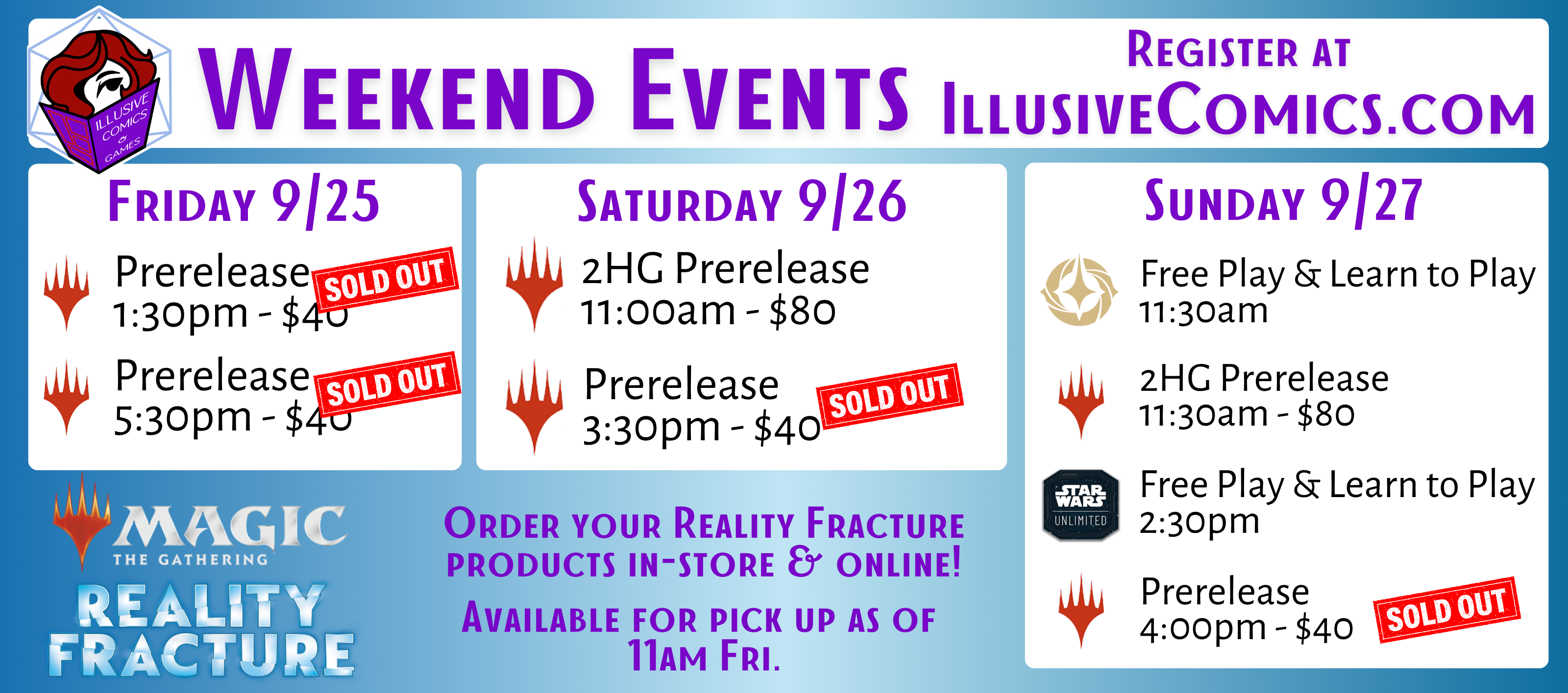 Event schedule for 9/25-9/27 at Illusive Comics