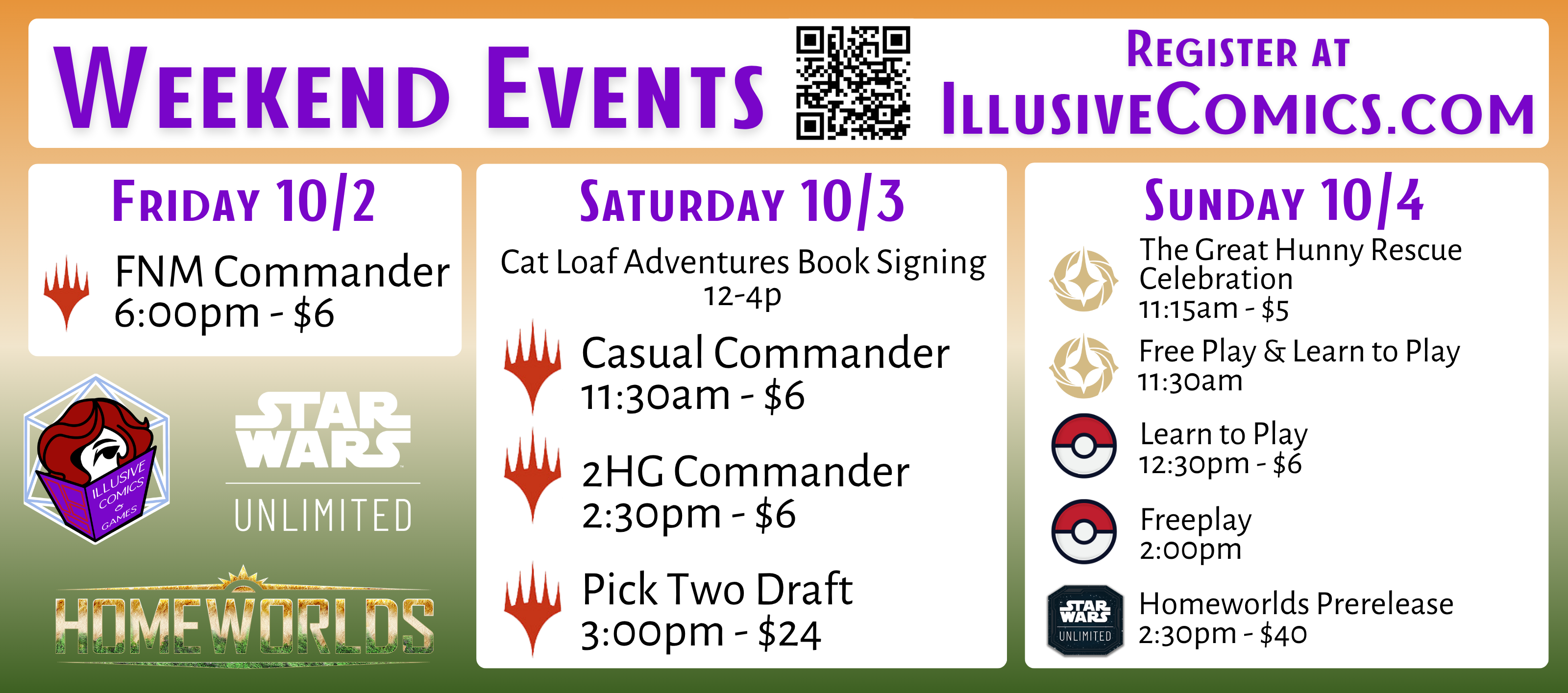 Event schedule for 9/25-9/27 at Illusive Comics